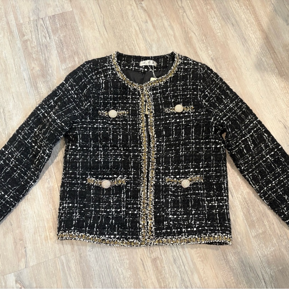 Chic Black and Gold Women's Designer Inspired Tweed Jacket